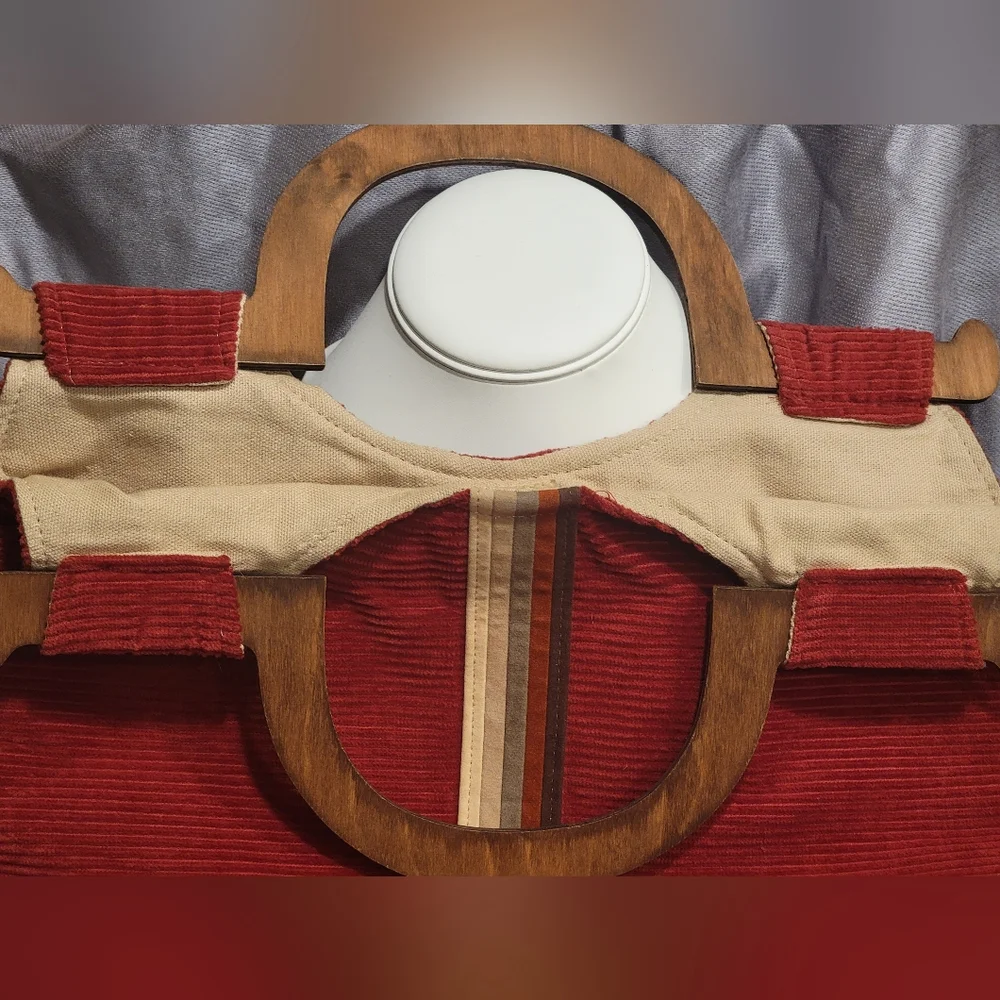 Vintage Red Corduroy Handbag/Satchel/Tote with Wooden Handles